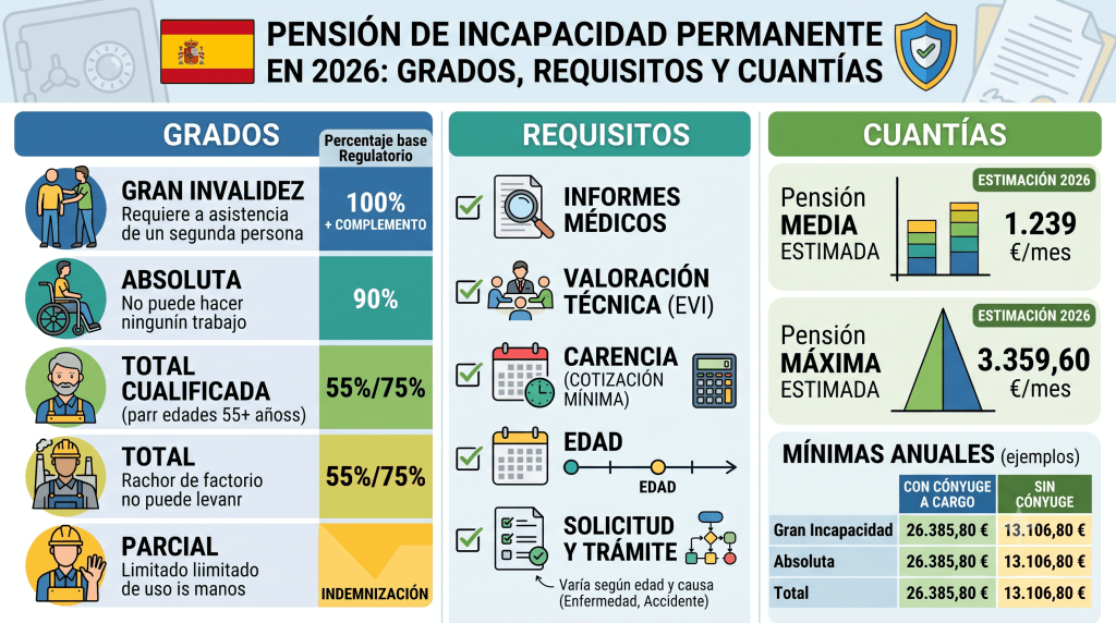 Pensión de incapacidad permanente en 2026 grados, requisitos y cuantías