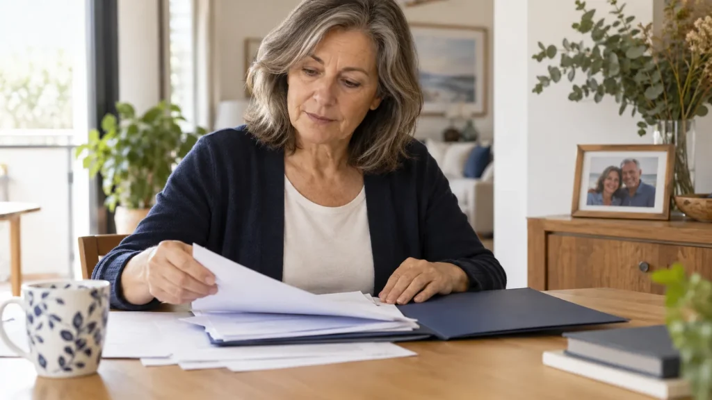 Mujer revisando documentación para solicitar una pensión de viudedad como pareja de hecho.
